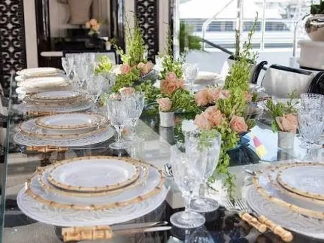Cutlery, crockery and towels on a Dubai yacht